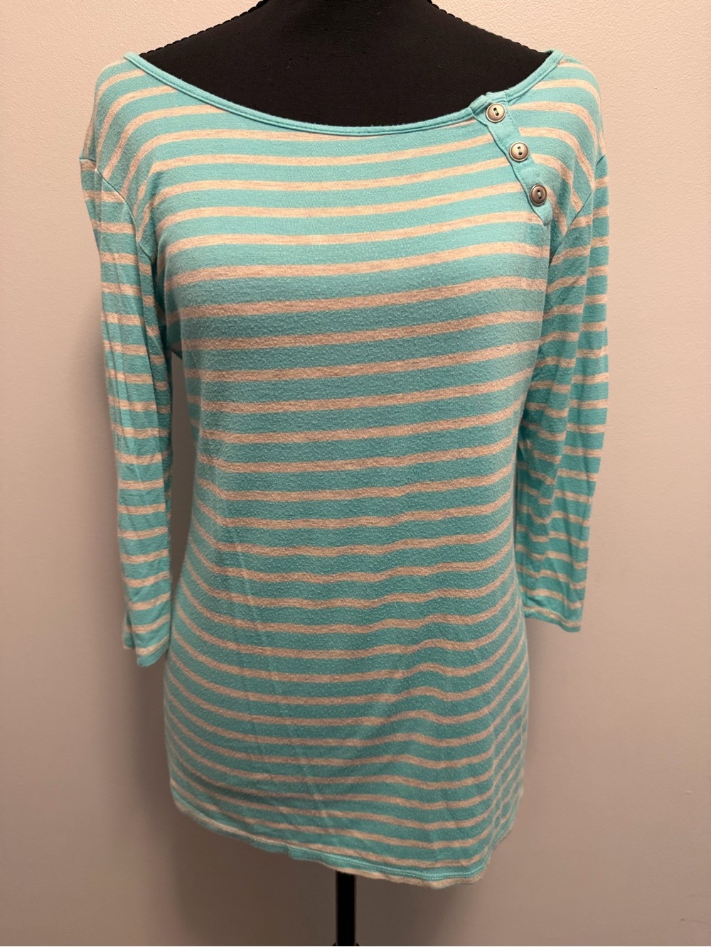 Loveappella Mint and Cream Striped Boatneck Top with Shoulder Buttons